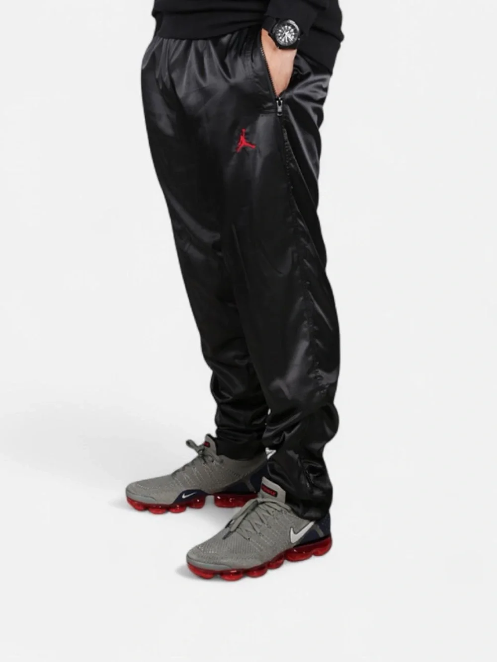 Jordan Men's Black Satin Track Pants with Red Jumpman XS